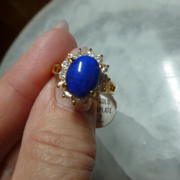 18K EP Gold Lapis Lazuli Cubic Zirconia Ring Size 8 - Picture 10 of 12